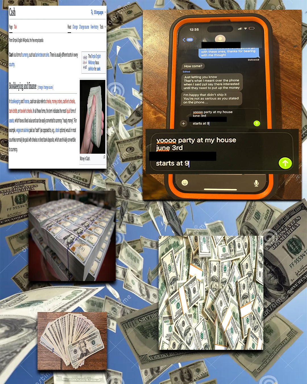 A poster for a show with cash and a text exchange